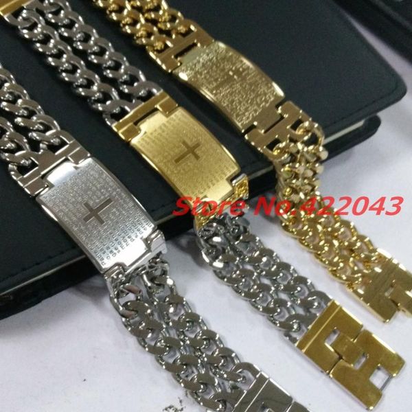 link, chain 8.6"*22.5mm fashion silver/gold color stainless steel cross bible scripture id mens bracelet double cuban jewelry, Black
link, chain 8.6"*22.5mm fashion silver/gold color stainless steel cross bible scripture id mens bracelet double cuban jewelry, Black