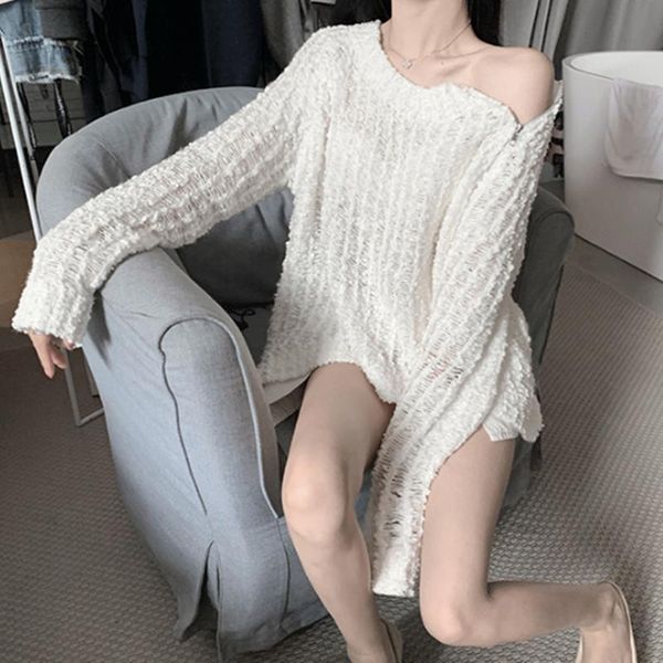women's sweaters 2021 autumn and winter office lady casual loose round neck zipper print patchwork hollow out solid color knit sweater, White;black 
women's sweaters 2021 autumn and winter office lady casual loose round neck zipper print patchwork hollow out solid color knit sweater, White;black
