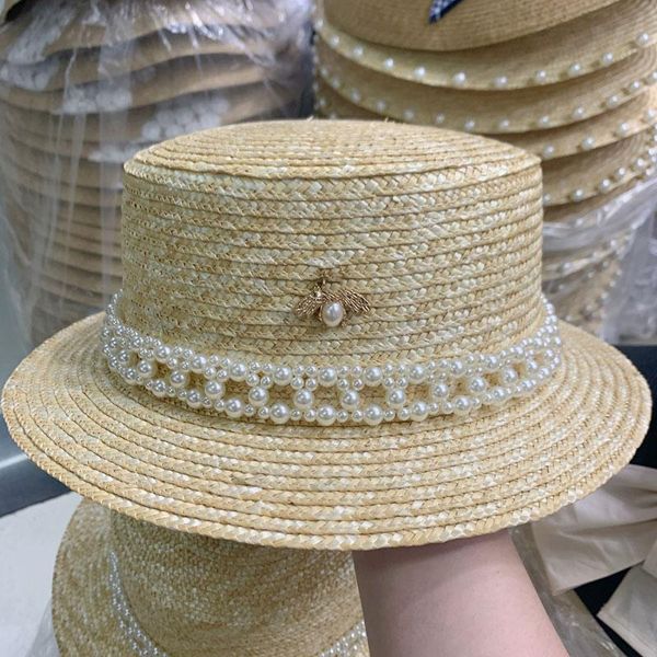 wide brim hats ladies sun fedora small bee pearl straw hat european american retro summer braided female sunshade flat visors, Blue;gray
wide brim hats ladies sun fedora small bee pearl straw hat european american retro summer braided female sunshade flat visors, Blue;gray