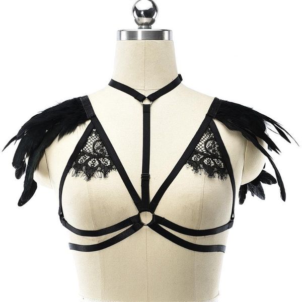 black open chest body harness bra feather epaulettes rave wear bondage lace lingerie goth women cage adjustable harnes garters, Black;white
black open chest body harness bra feather epaulettes rave wear bondage lace lingerie goth women cage adjustable harnes garters, Black;white