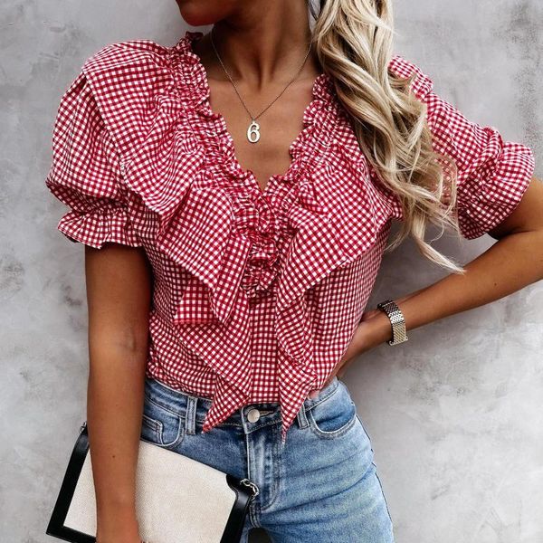 women's blouses & shirts 40# women ruffle short sleeve blouse female 2021 summer v neck casual basic office lady tees plus size, White 
women's blouses & shirts 40# women ruffle short sleeve blouse female 2021 summer v neck casual basic office lady tees plus size, White