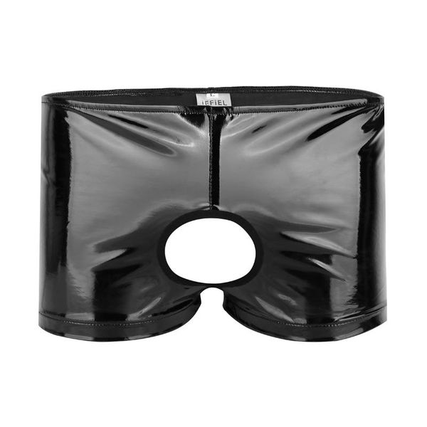 women's panties black mens erotic lingerie underwear soft shiny patent leather open bulow-rise shorts underpants with front hole, Black;pink
