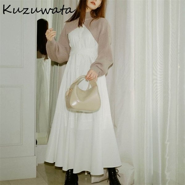 kuzuwata autumn vestidos fashion women robes knitted long sleeve shawl stand collar drawstring slim waist dresses 2pcs sets 211108, White 
kuzuwata autumn vestidos fashion women robes knitted long sleeve shawl stand collar drawstring slim waist dresses 2pcs sets 211108, White