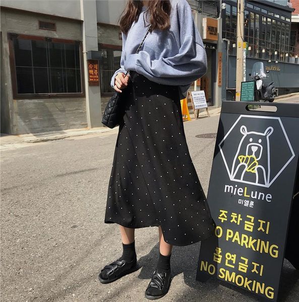 high waist casual summer women skirt a line empire polka dot printed streetwear loose korean sweet chic black
high waist casual summer women skirt a line empire polka dot printed streetwear loose korean sweet chic black
