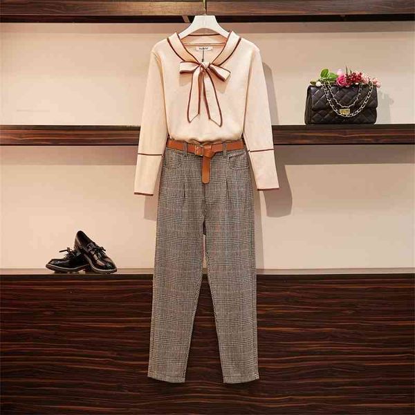 elegant plus size 2 piece spring women sweet bow collar knitted sweater + belt plaid ankle-length pencil pant set 210416, White
elegant plus size 2 piece spring women sweet bow collar knitted sweater + belt plaid ankle-length pencil pant set 210416, White