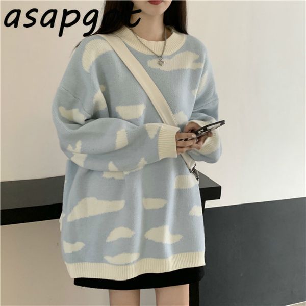 o neck puff long sleeve blue sky white clouds print knitted pullovers sweater japan style loose casual gentle knitwear wild 210429, White;black
o neck puff long sleeve blue sky white clouds print knitted pullovers sweater japan style loose casual gentle knitwear wild 210429, White;black