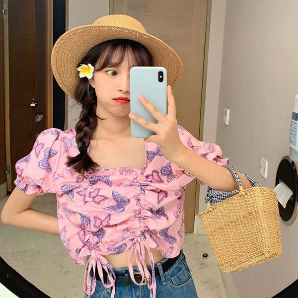 women's blouses & shirts summer chiffon women butterfly print drawstring blouse short sleeve sweet clothing, White
women's blouses & shirts summer chiffon women butterfly print drawstring blouse short sleeve sweet clothing, White