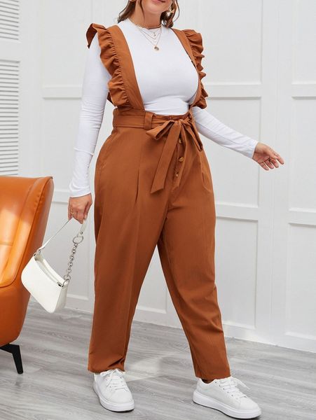 plus ruffle trim belted overall jumpsuit without tee h7w2#, Black
plus ruffle trim belted overall jumpsuit without tee h7w2#, Black