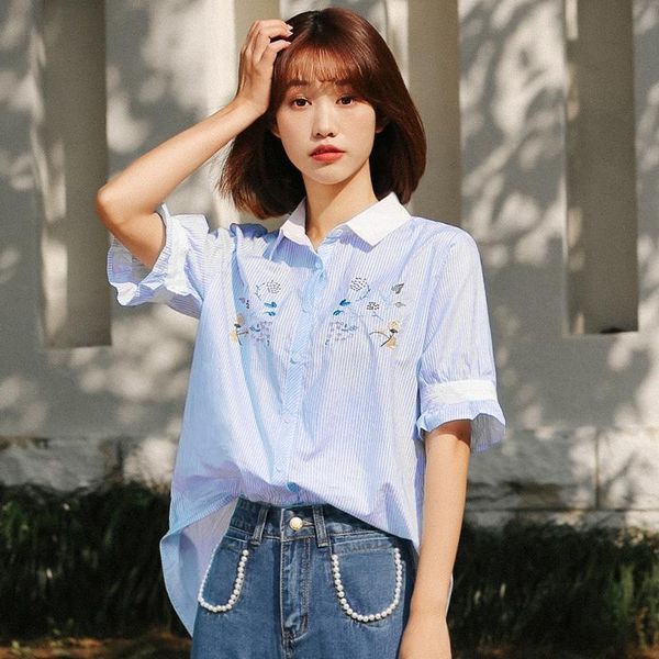 women's t-shirt chic khaki 2021 summer korean style student striped shirt stitching embroidered short sleeve collar cotton, White
women's t-shirt chic khaki 2021 summer korean style student striped shirt stitching embroidered short sleeve collar cotton, White