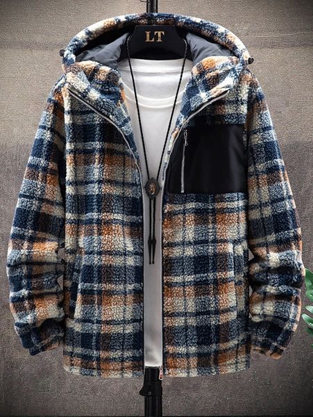 men plaid zip up teddy hooded jacket v7gs#, Black;brown 
men plaid zip up teddy hooded jacket v7gs#, Black;brown