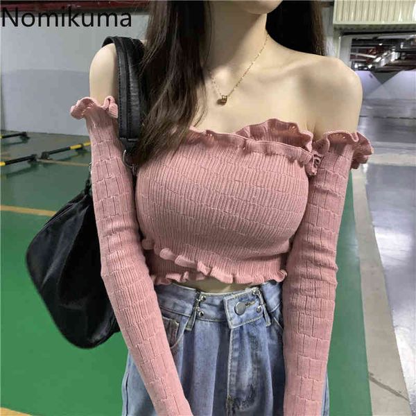 nomikuma cropped women solid color slash collar long sleeve short t shirt cross design slim tshirt female fashion 210514, White 
nomikuma cropped women solid color slash collar long sleeve short t shirt cross design slim tshirt female fashion 210514, White