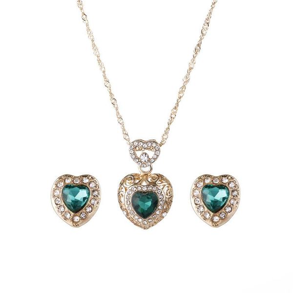 earrings & necklace heart jewelry sets pendant 2021 green blue crystals clavicle chain for women accessories wholesale, Silver 
earrings & necklace heart jewelry sets pendant 2021 green blue crystals clavicle chain for women accessories wholesale, Silver