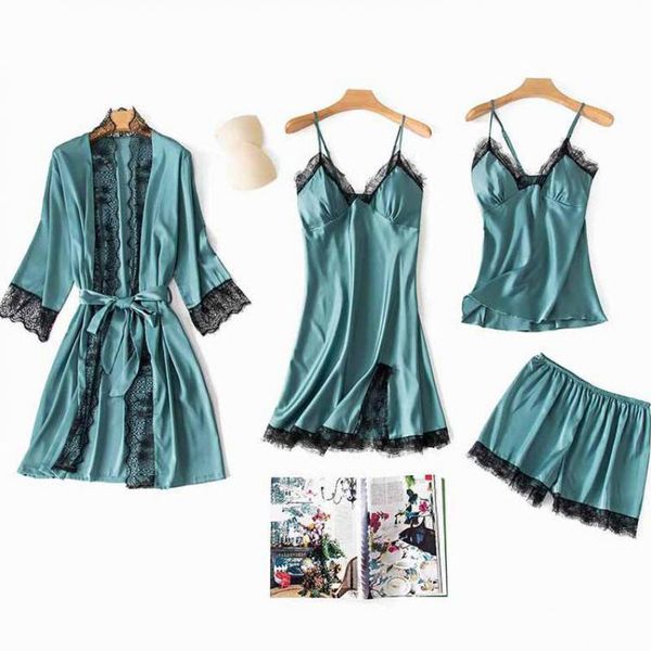women's sleepwear 4pcs robe set women kimono bathrobe gown casual satin lingerie loose nightgown soft lace trim home clothing, Black;red
women's sleepwear 4pcs robe set women kimono bathrobe gown casual satin lingerie loose nightgown soft lace trim home clothing, Black;red