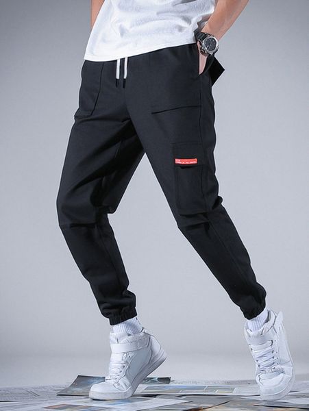 men drawstring waist cargo pants 88vj#, Black 
men drawstring waist cargo pants 88vj#, Black