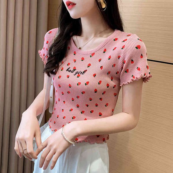 women's pink strawberry printed knitted t-shirt short sleeve female summer round neck skinny knit tees 210518, White
women's pink strawberry printed knitted t-shirt short sleeve female summer round neck skinny knit tees 210518, White