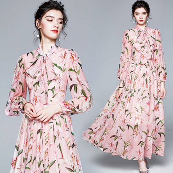 new 2021 autumn runway fashion maxi dress women bow long sleeve lily floral print casual holiday chic chiffon long dresses, Black;gray
new 2021 autumn runway fashion maxi dress women bow long sleeve lily floral print casual holiday chic chiffon long dresses, Black;gray