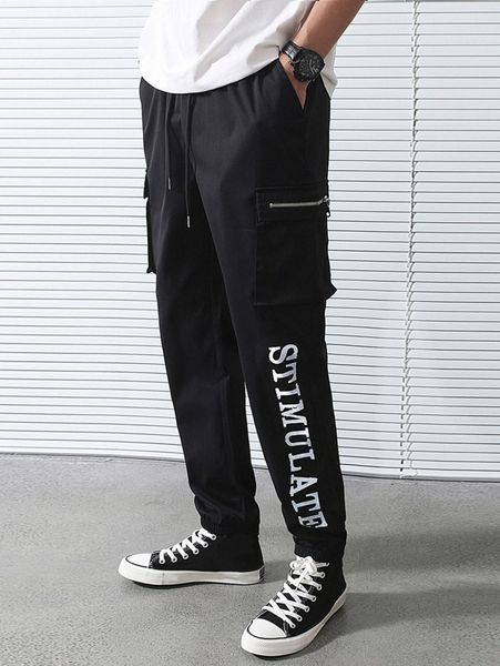 men letter graphic utility pocket drawstring waist joggers x27s#, Black