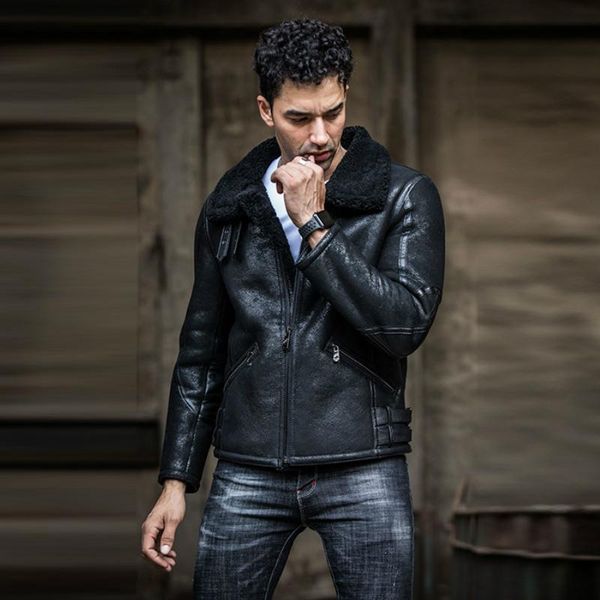men's leather & faux bomber genuine sheepskin jacket men winter shearling motorcycle short fur coat, Black
men's leather & faux bomber genuine sheepskin jacket men winter shearling motorcycle short fur coat, Black