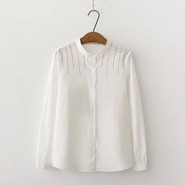 women's blouses & shirts women spring autumn cotton fashion art style all match stand collar striped embroidery loose basic for femme, White
women's blouses & shirts women spring autumn cotton fashion art style all match stand collar striped embroidery loose basic for femme, White