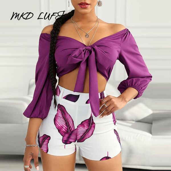 tie front crop & leaves print shorts set women's tracksuits, Gray 
tie front crop & leaves print shorts set women's tracksuits, Gray