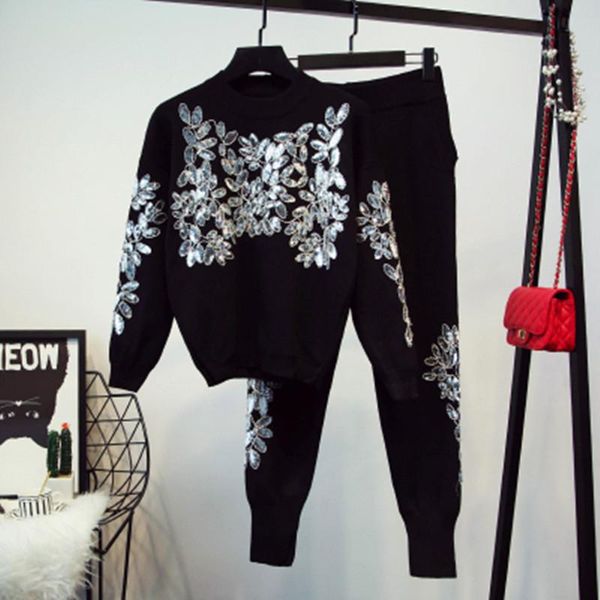 women's two piece pants autumn winter runway suit set handmade sequined floral knitting sweater casual, White
women's two piece pants autumn winter runway suit set handmade sequined floral knitting sweater casual, White