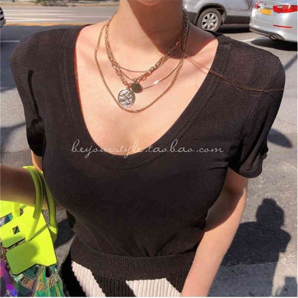short sleeve summer for casual solid white women black red v neck cotton t-shirt female 210417
short sleeve summer for casual solid white women black red v neck cotton t-shirt female 210417