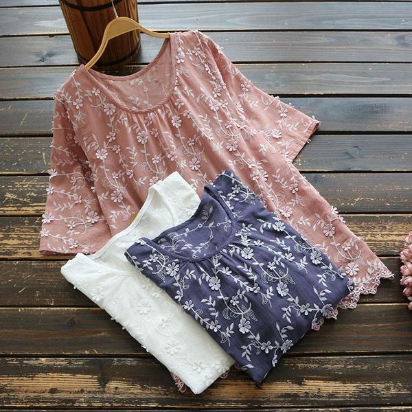 women's blouses & shirts romantic art surface flower embroidery o-neck short sleeve doll shirt mori girl, White
women's blouses & shirts romantic art surface flower embroidery o-neck short sleeve doll shirt mori girl, White