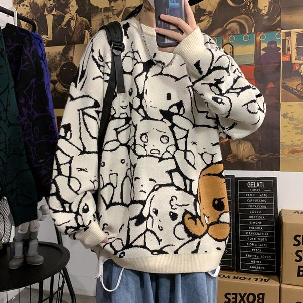 men's sweaters autumn and winter port wind graffiti printed sweater large size loose round trend with thick bottom knit, White;black