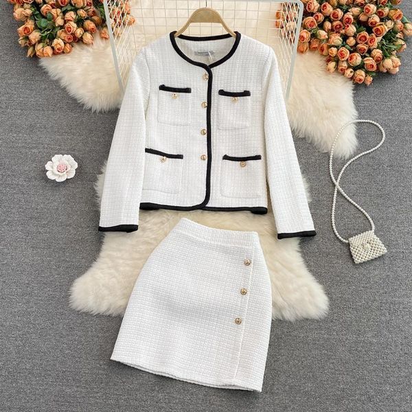 two piece dress casual ladies french woven tweed short small fragrant jacket women's two-piece suit high waist bag hip skirt, White
two piece dress casual ladies french woven tweed short small fragrant jacket women's two-piece suit high waist bag hip skirt, White