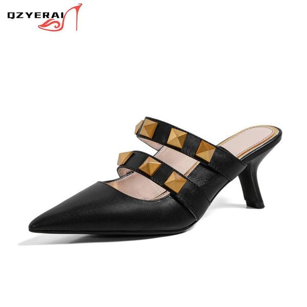 slippers 2021 summer genuine leather women rivet sandals high heels pointed fashion leisure party cowhide women's shoes, Black
slippers 2021 summer genuine leather women rivet sandals high heels pointed fashion leisure party cowhide women's shoes, Black