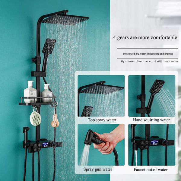 bathroom shower sets ae01xc-0003 yujie black digital display thermostatic adjustable and cold multifunctional rain system set