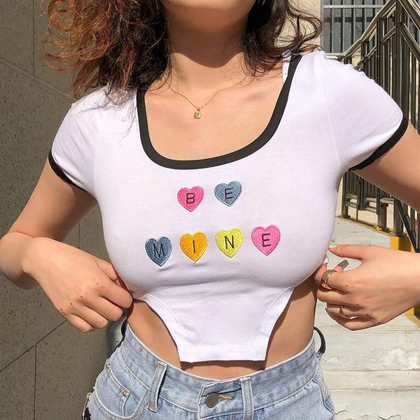 women's t-shirt letter embroidery print crop summer casual patchwork slim woman t shirts short sleeve irregular square collar, White
women's t-shirt letter embroidery print crop summer casual patchwork slim woman t shirts short sleeve irregular square collar, White