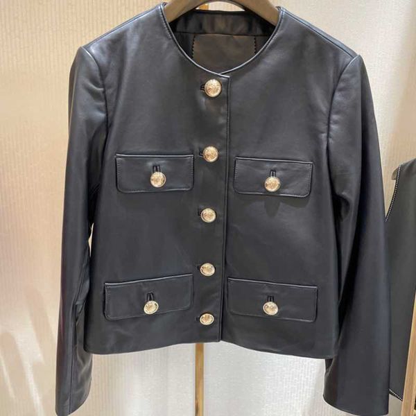 women's leather & faux double breasted metal buttons jacket female round neck soft real coat sheep, Black
women's leather & faux double breasted metal buttons jacket female round neck soft real coat sheep, Black