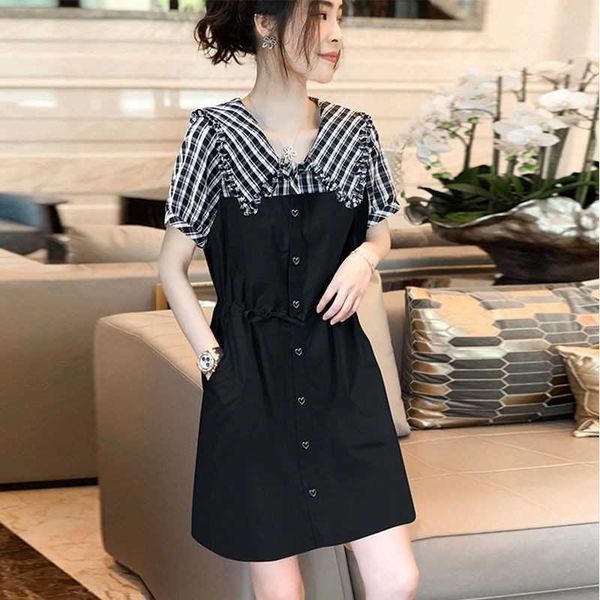 doll collar stitching black dr's fake two piec of age reducing casual skirt summer 2021, Black;gray 
doll collar stitching black dr's fake two piec of age reducing casual skirt summer 2021, Black;gray