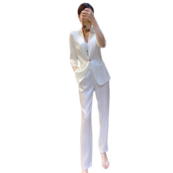 women's two piece pants acetate satin suit 2 pieces set thin silk summer women suits blazer 2021 office wear work wedding three quarter, White
women's two piece pants acetate satin suit 2 pieces set thin silk summer women suits blazer 2021 office wear work wedding three quarter, White