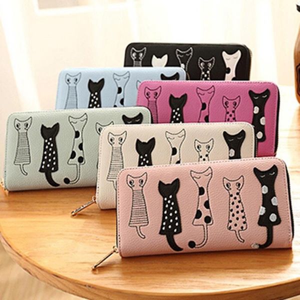 wallets women's wallet cute cat bifold long purse with zipper coin, Red;black