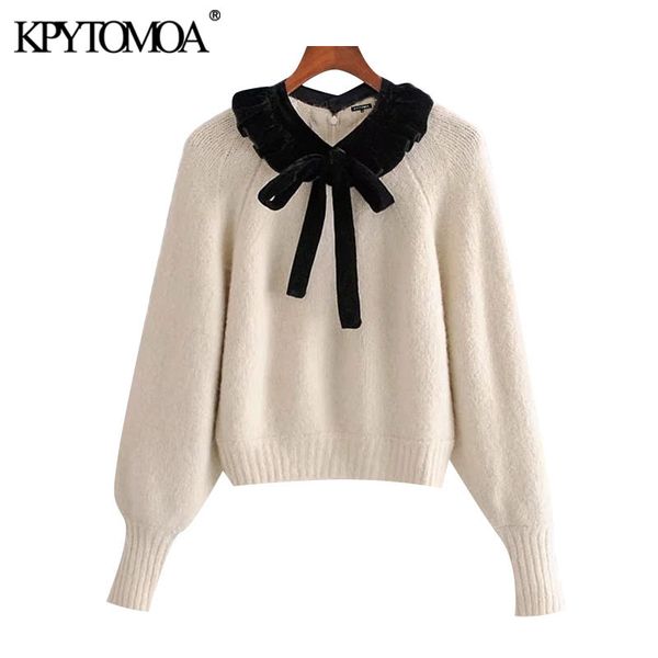 women sweet fashion patchwork ruffle knitted sweater vintage bow tied lantern sleeve female pullovers chic 210416, White;black
women sweet fashion patchwork ruffle knitted sweater vintage bow tied lantern sleeve female pullovers chic 210416, White;black