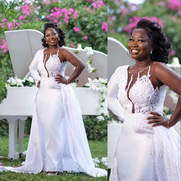2021 simple african mermaid wedding dresses bride gowns overskirts jewel neck illusion lace appliques crystal beads satin detachable train p, White
2021 simple african mermaid wedding dresses bride gowns overskirts jewel neck illusion lace appliques crystal beads satin detachable train p, White