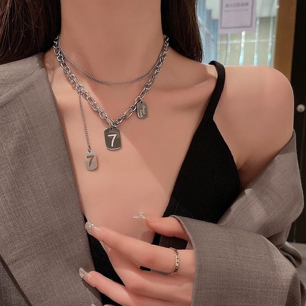 pendant necklaces lucky number 7 double clavicle hip-hop couple titanium steel necklace female niche accessories, Silver
pendant necklaces lucky number 7 double clavicle hip-hop couple titanium steel necklace female niche accessories, Silver