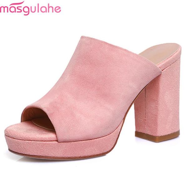 masgulahe 2021 est fashion suede leather sandals women square high heels platform shoes summer party prom woman, Black