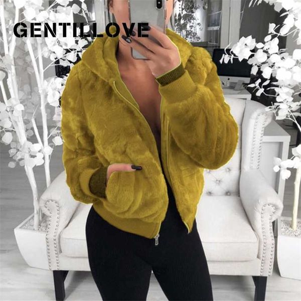 

gentillove fluffy fleece jackets winter hooded cropped coats and jackets faux fur coat warm outwear clothing teddy coats 211019, Black