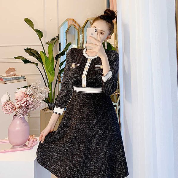 button knitted dresses a-line mini vestido korean autumn winter party elegant hit color casual sweater dress robes clothes 210529, Black;gray 
button knitted dresses a-line mini vestido korean autumn winter party elegant hit color casual sweater dress robes clothes 210529, Black;gray