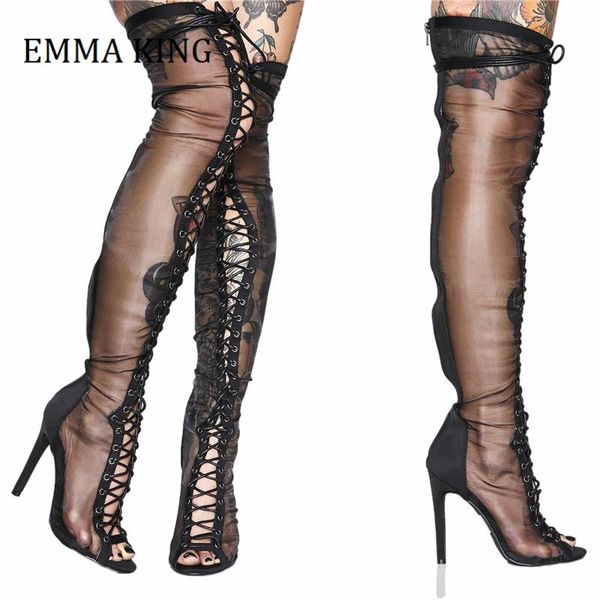 spring women mesh thigh high boots open toe front laue up gladiator stiletto heels over the knee, Black
spring women mesh thigh high boots open toe front laue up gladiator stiletto heels over the knee, Black