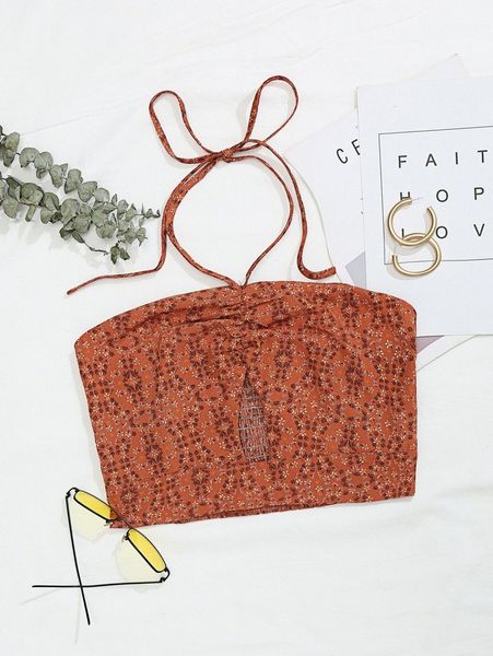 cut out front ditsy floral halter v3vm#, White 
cut out front ditsy floral halter v3vm#, White