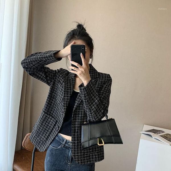 women's wool & blends women autumn slim plaid tweed blazer jacket 2021 arrivals, Black
women's wool & blends women autumn slim plaid tweed blazer jacket 2021 arrivals, Black