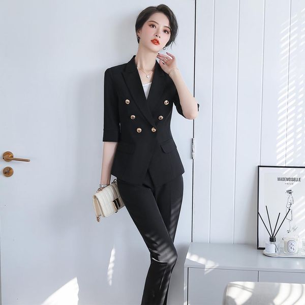 pant spring summer two piece feminine ensemble black temperament half sleeve with cleavage on v blazer jacket and suit pants, White
pant spring summer two piece feminine ensemble black temperament half sleeve with cleavage on v blazer jacket and suit pants, White