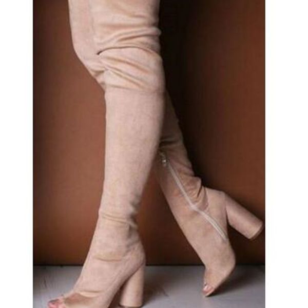 boot selling black elastic fabric on the knee open-toed robust women thigh high long beige boots