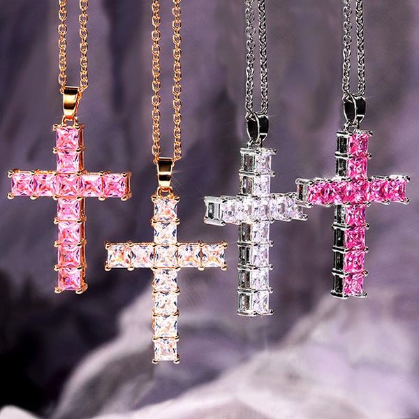 chains modyle female cross necklace inlaid white/pink cubic zirconia fashionable versatile women for party jewelry, Silver 
chains modyle female cross necklace inlaid white/pink cubic zirconia fashionable versatile women for party jewelry, Silver