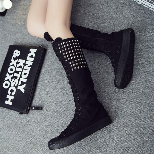 female thigh high boots women flat heel canvas shoes fashion rivet punk zipper comfortable long 34-43, Black
female thigh high boots women flat heel canvas shoes fashion rivet punk zipper comfortable long 34-43, Black
