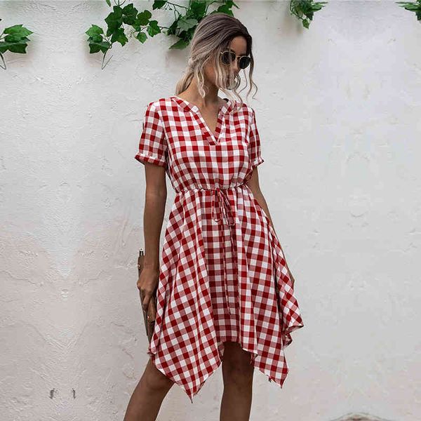 new summer plaid asymmetrical dress women causal short sleeve high waist ladies v neck lace up slim dresses 210413, Black;gray
new summer plaid asymmetrical dress women causal short sleeve high waist ladies v neck lace up slim dresses 210413, Black;gray